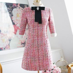 Shima - Elbow-Sleeve A-Line Tweed Dress With Rhinestone Brooch & Bow Shima - Elbow-Sleeve A-Line Tweed Dress With Rhinestone Brooch & Bow