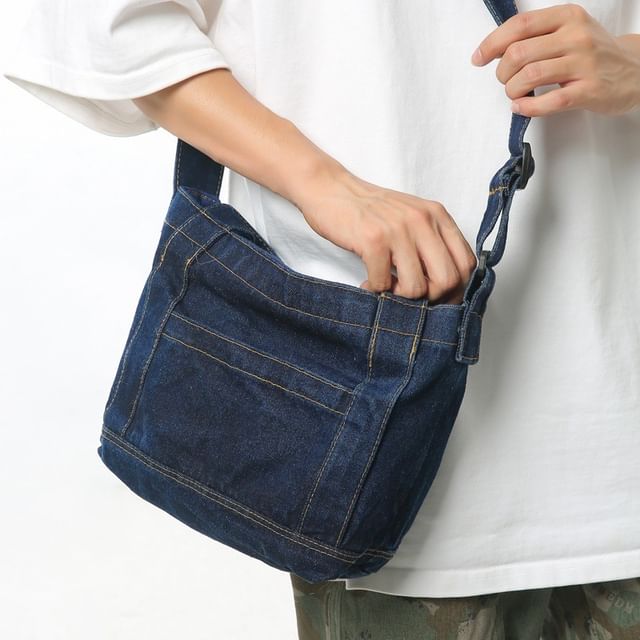 Hikuozy-Multi-Pocket Denim Crossbody Bag