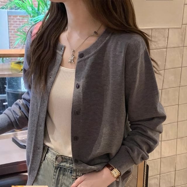 Happo-Round Neck Plain Button Cardigan