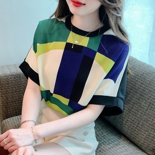Dragan Pulse-Short-Sleeve Crew Neck Color Block Top
