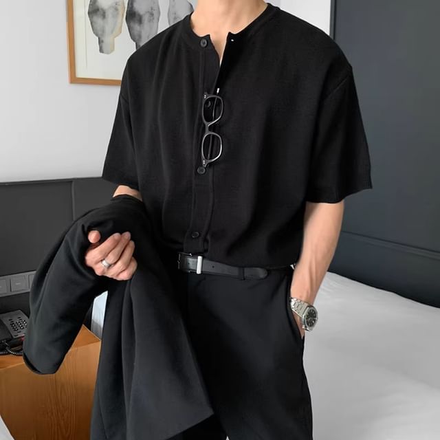 Savenne-Short-Sleeve Crew Neck Button Knit Top