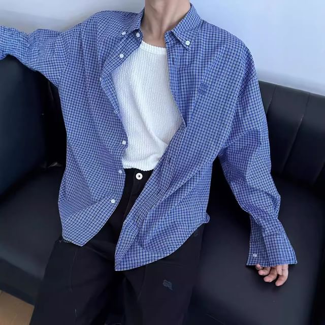 Cowpow-Long Sleeve Collared Plaid Button Up Shirt