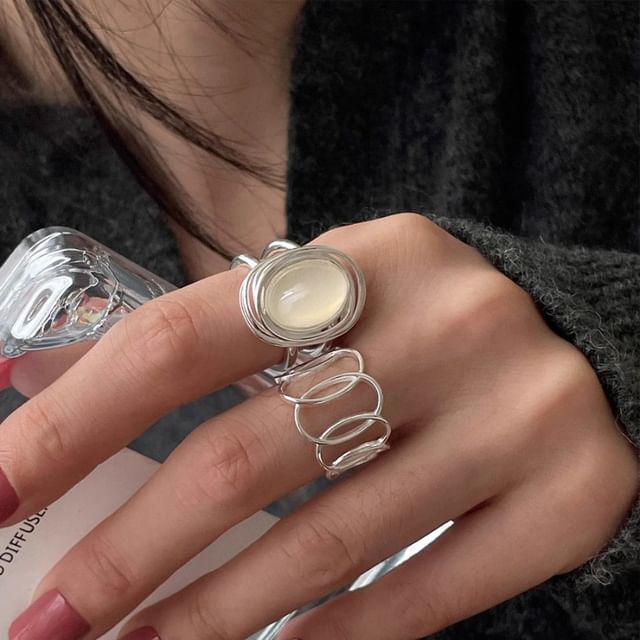 Fireflicka-Faux Gemstone Layered Alloy Open Ring Hoop Alloy Open Ring