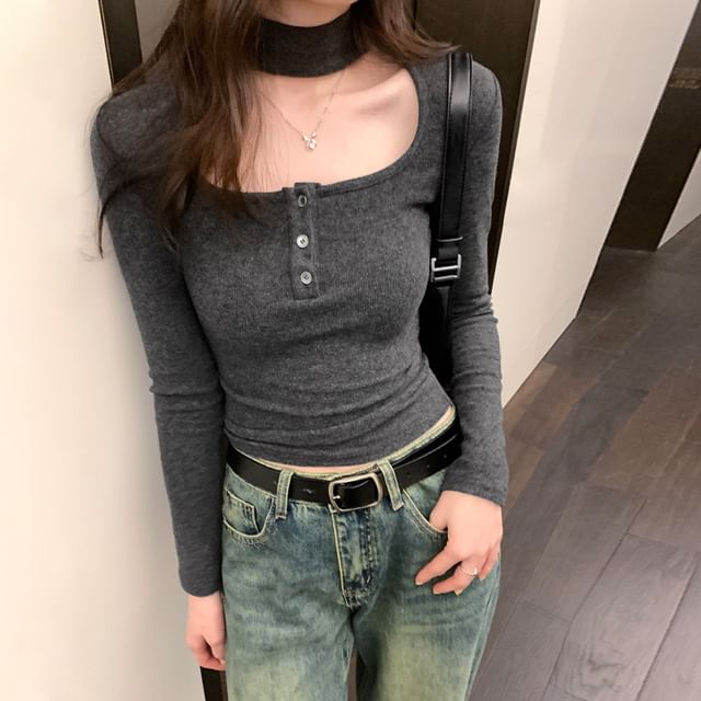 Bolgivy-Long Sleeve Halter Button Up Crop Top