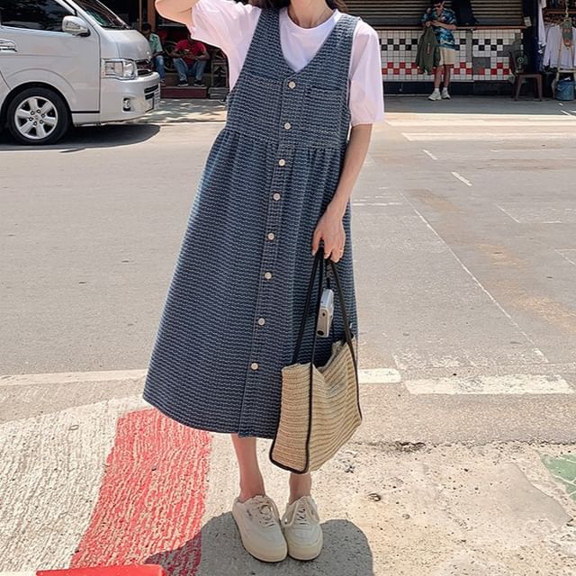 v neck denim pinafore dress Daring Diva Women's Sleeveless Adjustable Strap Denim Mini Pinafore Dress XS Blue