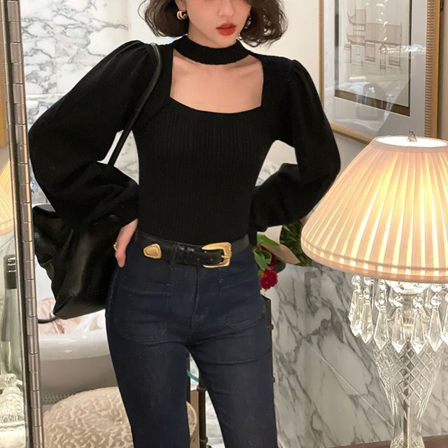 Enemal Puff-Sleeve Choker-Neck Sweater Black M