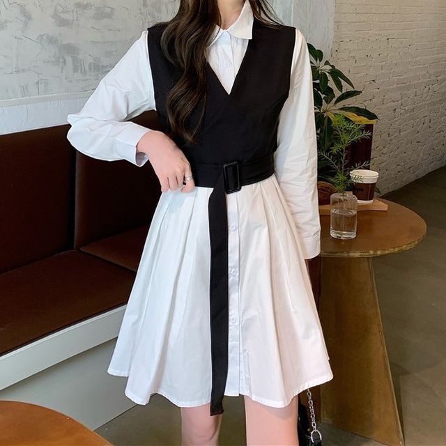 EFO - Set: Long-Sleeve Mini A-Line Shirt Dress + Vest | YesStyle