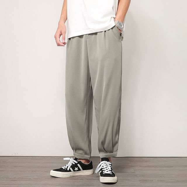 Bay Go Mall-Drawstring Waist Plain Cropped Tapered Pants