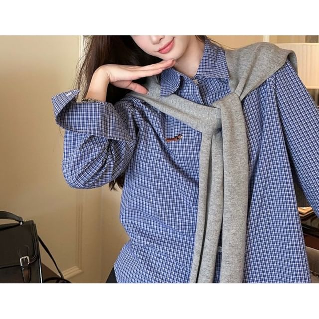 Gilmort-Plaid Button-Up Shirt Plain Shawl
