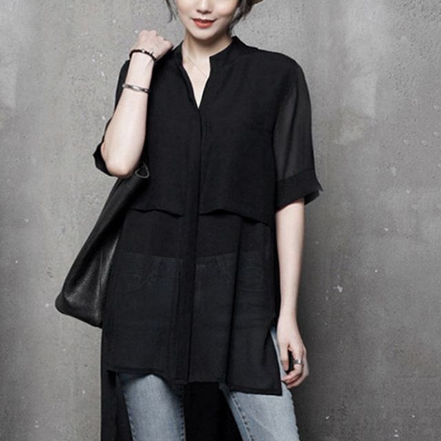 Lewwe-Short-Sleeve Plain Blouse