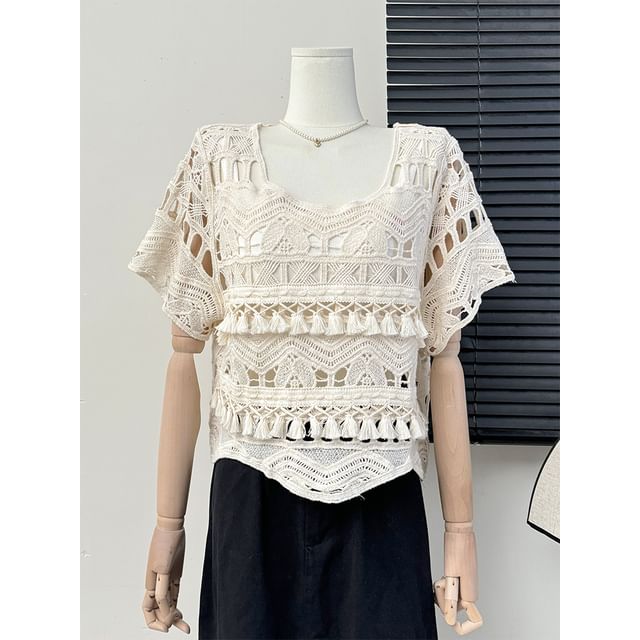 Lemongrass-Tassel-Hem Crochet-Knit Top