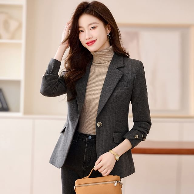 Skyheart-Lapel Collar Plain Single-Button Blazer