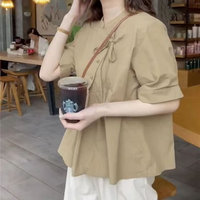 Happo-Elbow-Sleeve Stand Collar Plain Tie Front Blouse
