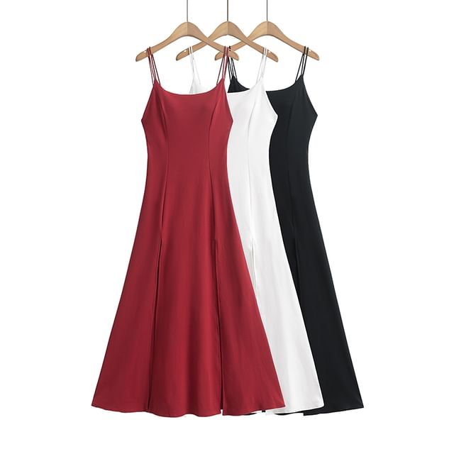 Ulark-Spaghetti Strap Plain Padded Slit Maxi A-Line Dress
