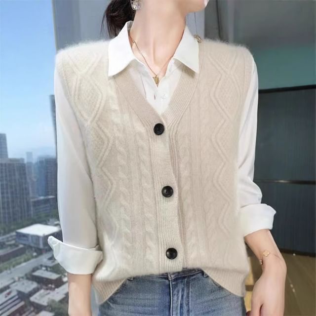Cloud Nine-V-Neck Plain Cable Knit Button Sweater Vest
