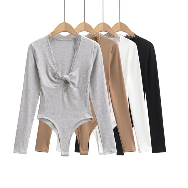 Ulark-Long-Sleeve Twisted Plain Bodysuit Top