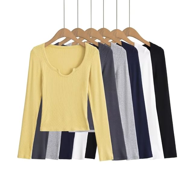 Asiris-Long Sleeve Scoop Neck Plain Ribbed T-Shirt