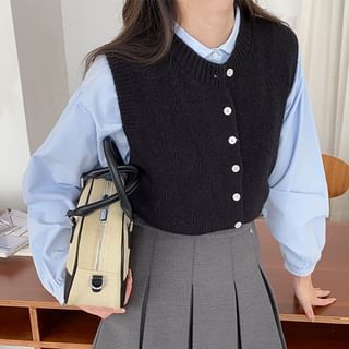 MORNINDEW-Round Neck Plain Button Sweater Vest