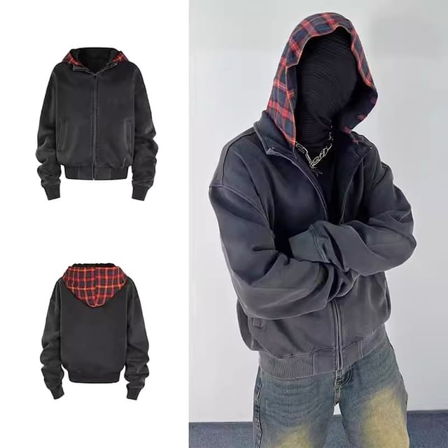 Real Boy-Mock Two-Piece Plaid Panel Zip Hoodie