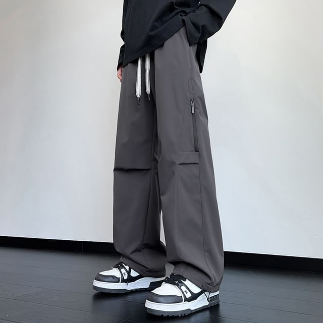 YERGO-Drawstring Waist Plain Straight Leg Cargo Pants