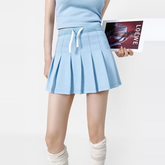 Daybreak-Drawstring Waist Plain Pleated Mini A-Line Skort