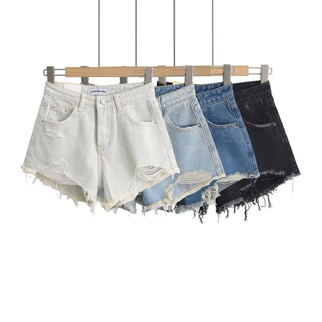 Hollahop-Distressed Washed Denim Shorts