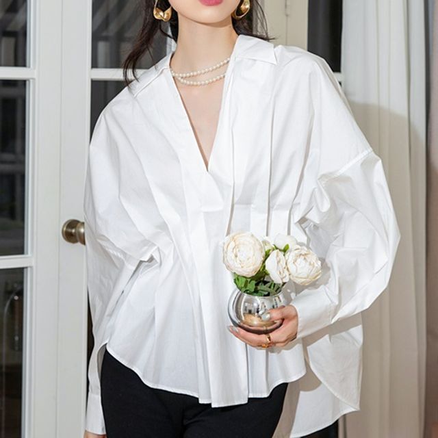 AAML - Puff-Sleeve V-Neck Plain Blouse | YesStyle