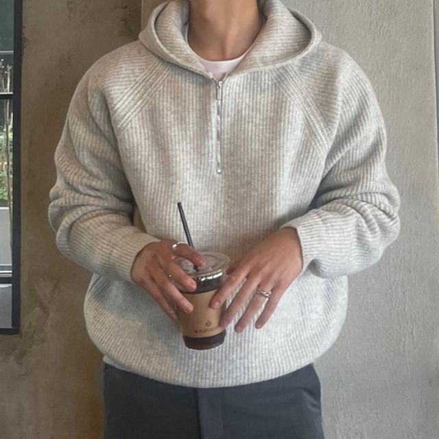 Okwano - Long-Sleeve Plain Ribbed Hooded Sweater | YesStyle