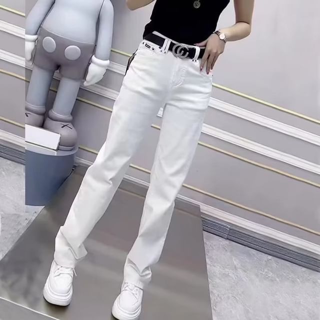 Wildfoea-Mid Waist Straight Leg Jeans