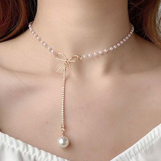 Cuivre - Alloy Bow Faux Pearl Pendant Necklace