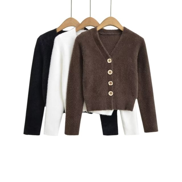 Ulark-V-Neck Plain Button-Up Crop Cardigan