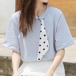 XOXO - Elbow-Sleeve Dotted Mock-Scarf T-Shirt