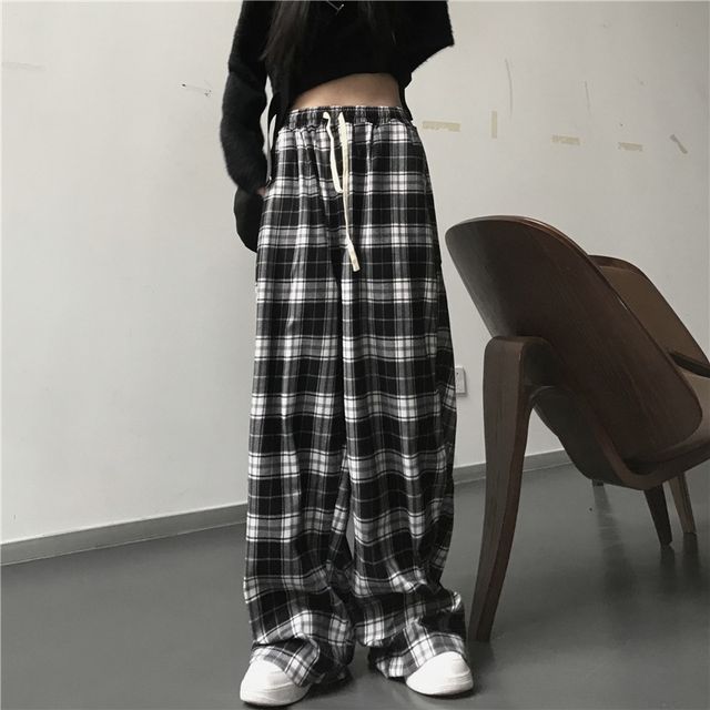 Rosesand-High Rise Checker Straight-Fit Pants