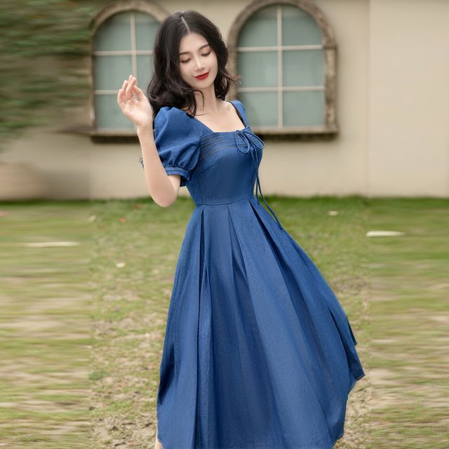 Puff-Sleeve Square-Neck Plain Drawstring Midi A-Line Dress Puff-Sleeve Square-Neck Plain Drawstring Midi A-Line Dress