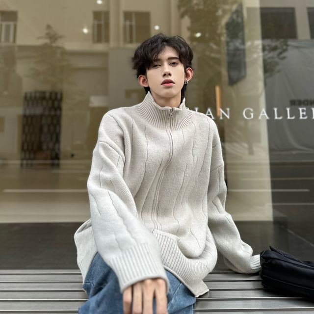 ravewider-Plain Ribbed Zip Cardigan