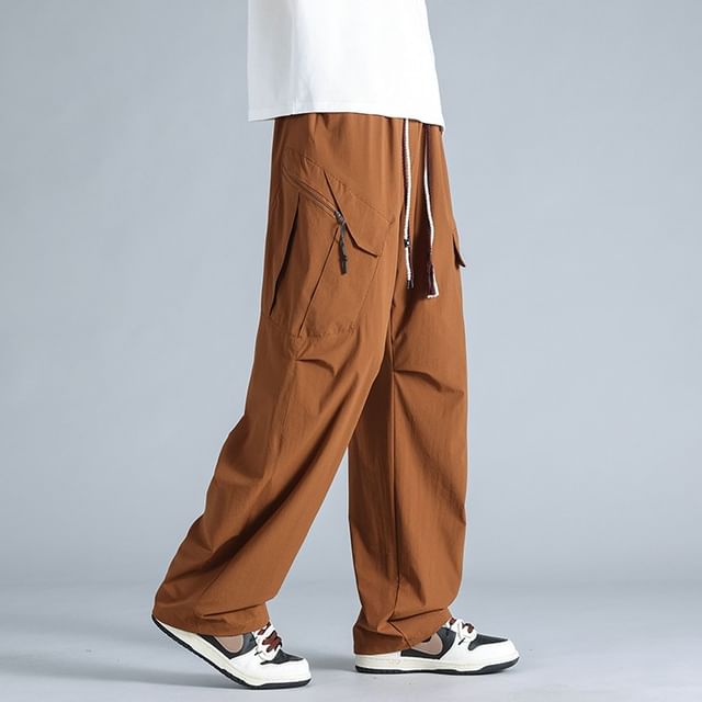 Lefitt-Drawstring Waist Plain Loose Fit Cargo Pants
