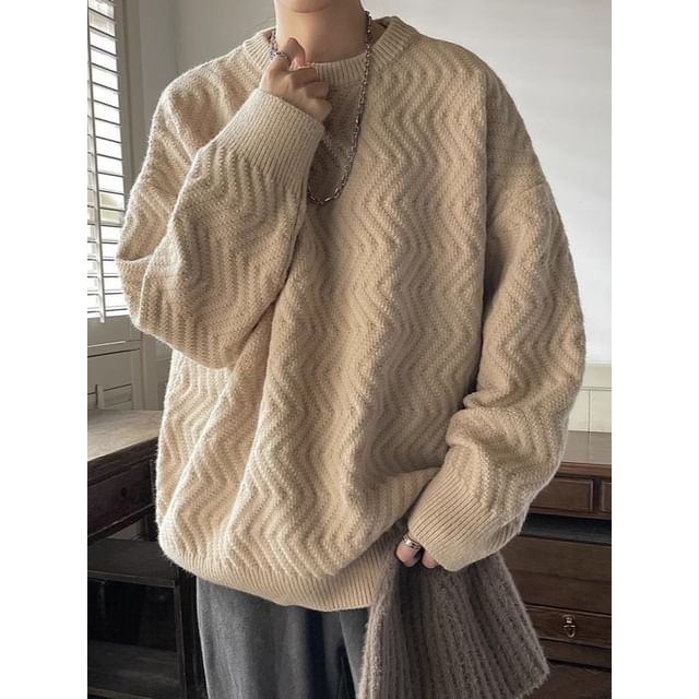 DuckleBeam-Wave-Pattern Crew-Neck Sweater