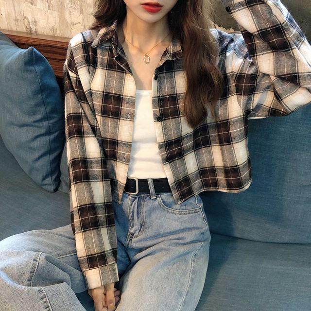 CosmoCorner - Plaid Long-Sleeve Cropped Shirt | YesStyle