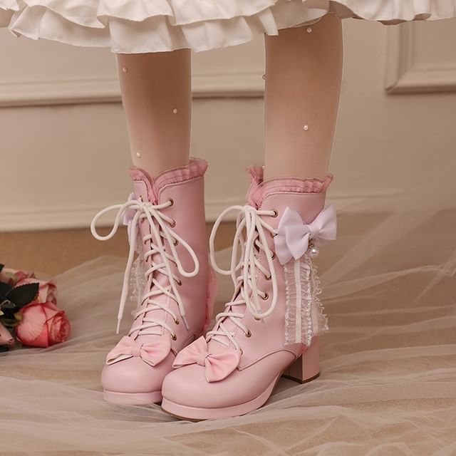 Cinnabelle-Platform Chunky Heel Lace-Up Ruffled Short Boots