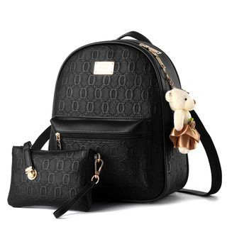 miim - Set: Letter Embossed Faux Leather Backpack + Zip Pouch | YesStyle