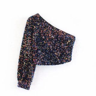 Frozbits-Sequined One-Shoulder Long-Sleeve Cropped Top
