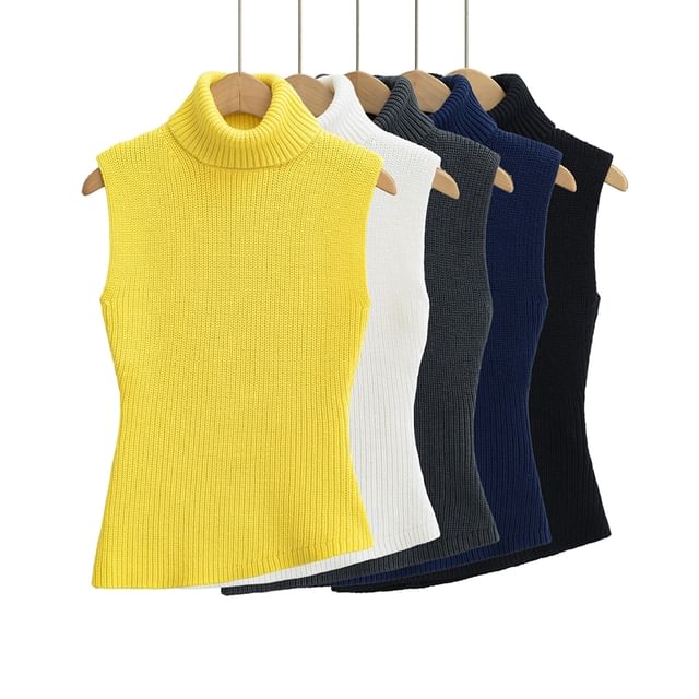 Ulark-Sleeveless Turtleneck Plain Asymmetrical Ribbed Knit Top