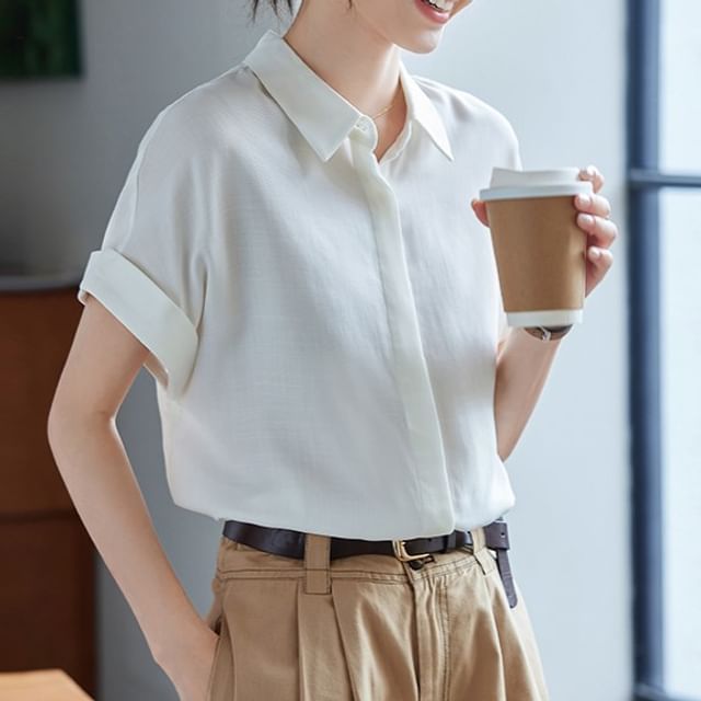 Dragan Pulse-Short-Sleeve Collared Button-Up Plain Blouse