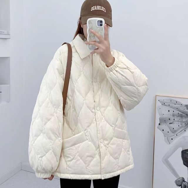 Everose-Collared Plain Quilted Button-Up Jacket