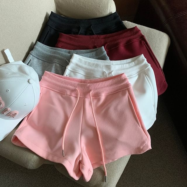 Yako-Drawstring Waist Plain Wide Leg Sweat Shorts