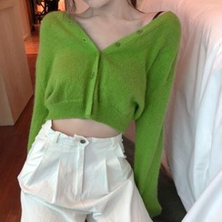 Rerise - V-Neck Cropped Cardigan / High-Waist Wide-Leg Pants Rerise - V-Neck Cropped Cardigan / High-Waist Wide-Leg Pants