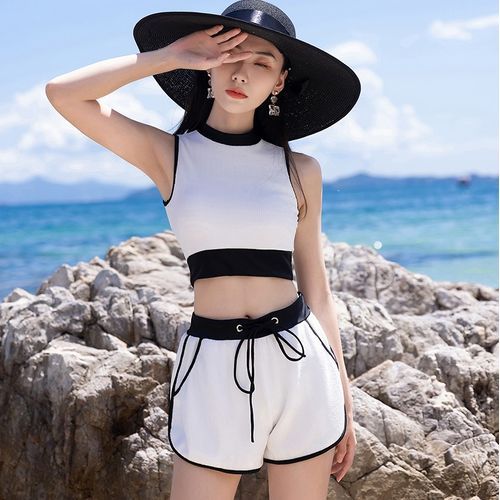 Set: Contrast Trim Tankini Top + Drawstring Swim Shorts