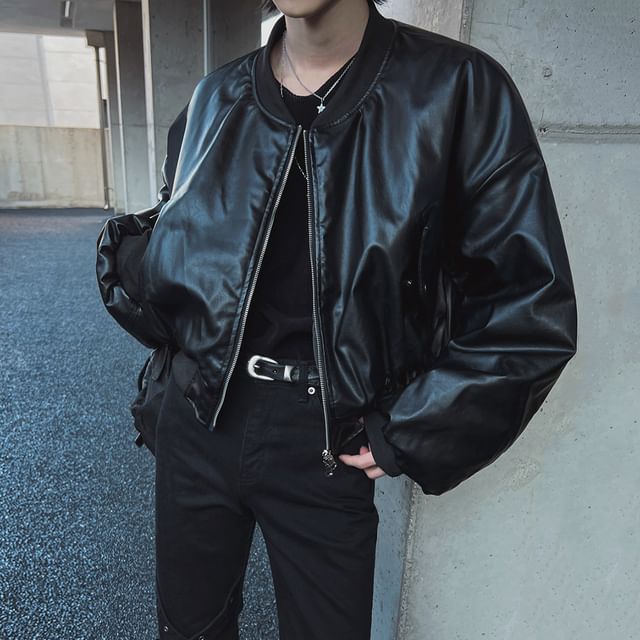 MRCYC-Plain Faux Leather Zip Baseball Jacket