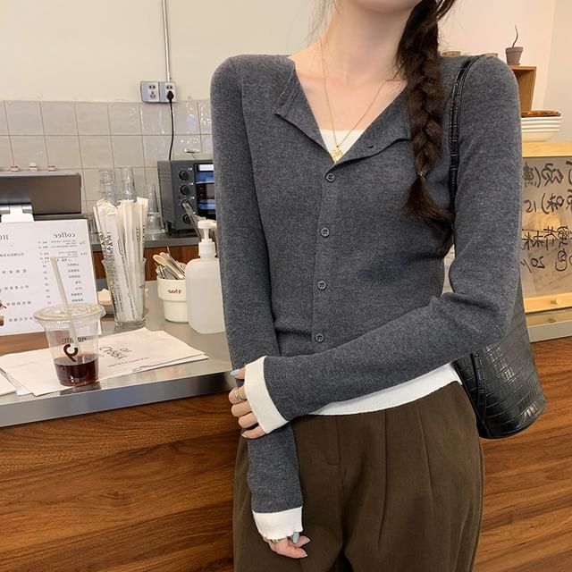 Asiris-Long-Sleeve Mock Two-Piece Two Tone Button-Up Knit Top
