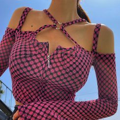 LIPHOP - Strappy Heart-Hoop Checked Bodysuit Top